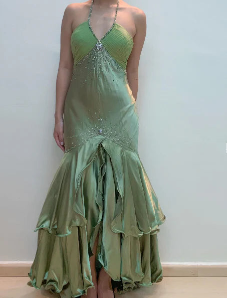 Tiendas de vestidos de fiesta Weitese Dress Vestido de fiesta largo de sirena con cuello halter, espalda descubierta y cuentas, verde